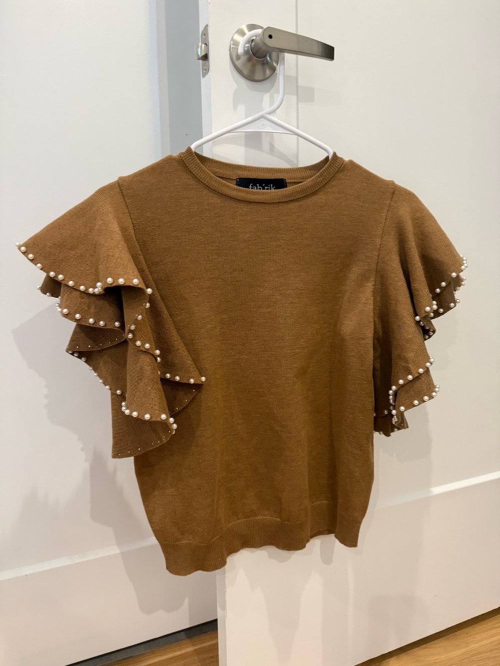 fab'rik Brown Pearl-Trim Ruffle Sleeve Sweater